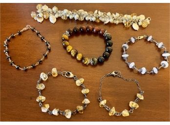 Vintage Stone Bead Bracelet Lot, Some Sterling Silver, Golf Filled, Round & Faceted Stones, Shells And More