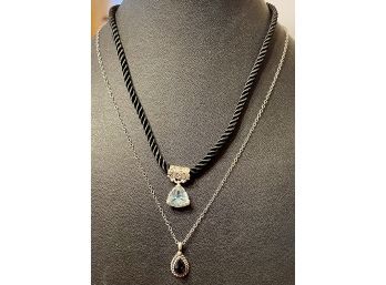 (2) Sterling Silver Necklaces, (1) Black Onyx Pendant With 925 Chain, (1) Black Rope W Blue Trillion Cut CZ
