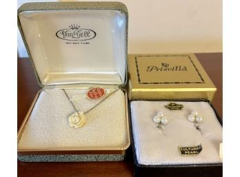 Vintage Boxed Jewelry, 12K GF Van Dell Ivory Flower Necklace & 12K GF Priscilla Cultured Pearl Earrings
