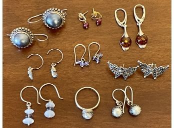 Collection Of Sterling Earrings, Grey Shell, (1) Faux Pearl Ring Size 6.75, Amber, Moonstone, Marcasite & More