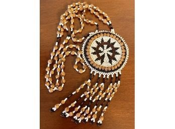 Vintage Seed Bead  & Nut  South Western Medallion Necklace, Leather Back