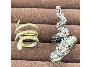 One Gold Over Sterling Silver Snake Ring & One Silver Twist Snake Ring