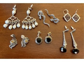 (6) Pairs Of High End Sterling Silver, Marcasite & Faux Pearl Earrings, Snakes, Dangle, PAS, Garnet & More