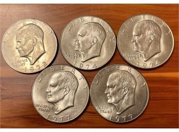 (5) Eisenhower Silver Dollar Coins, 1972, (2) 1974, (2) 1977