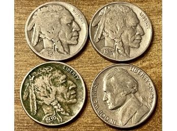 (3) Vintage Indian Head Buffalo  Nickel Coins, 1936, 37 & 38, (1) 1974 Nickel