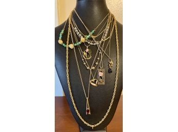 Collection Of Vintage Gold Tone And Gold Filled Necklaces Including Beaded, Jade, Angel Skin Coral & More