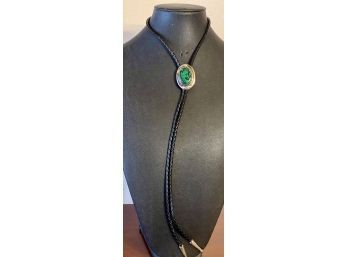 Sterling Silver And Abalone Bolo Tie With Black Leather Strap And Sterling Silver Tips
