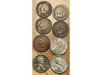 Indian Head Penny Lot, 1883, 1884, 1896, 1899, 1904 & (3) Lead Pennies, 1943
