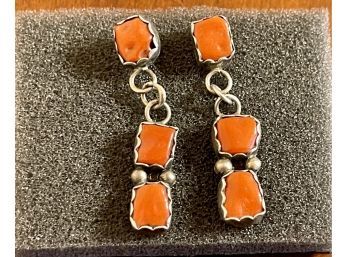 Vintage Native American Sterling Silver And Coral Three Piece Dangle Post Earrings