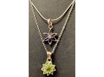 (2) Sterling Silver Necklaces (1) Purple Stone Flower & (1) Green Stone Flower