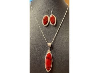 ATI 925 Sterling Silver Mexico Red Jasper Stone Necklace With Pendant & Matching Earrings, Italy 925 Chain