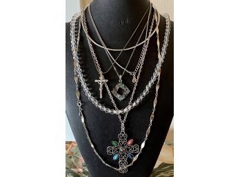 Vintage Silver Tone Necklace Lot Including Abalone, Avon, (2) Crosses, And More