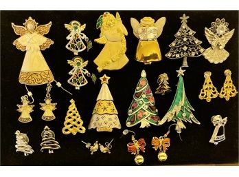 Vintage Holiday Pin Lot Including, Angels, Trees, Bells, Earrings, Avon, And More