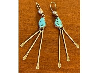 Vintage Native American Sterling Silver And Turquoise Dangle Earrings