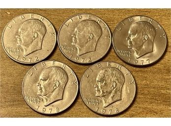 (5) Eisenhower Silver Dollar Coins, 40 Percent Silver,  1972, 1977, 1978