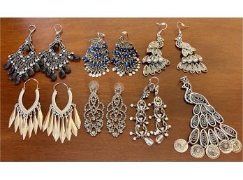 Collection Of Statement Earrings & Pendant, Peacocks, Marcasite, Bead, Silver Tone Dangle & More