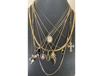 Vintage Collection Of Gold Tone And 12K GF Necklaces, Cultured Pearl, Enamel, Cross, & More