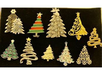 Vintage Collection Of Holiday Tree Pins, Enamel, Rhinestone, Danecraft, JJ's, Gerry's, Cookie Lee And More