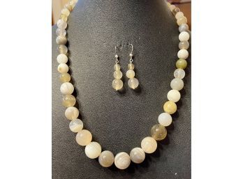 Graduated Round Bead Agate Stone Necklace With Matching Earrings, Sterling Silver Clasp