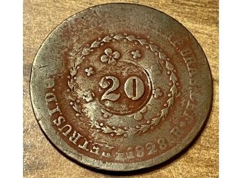 Brazil 20 Reis Copper Coin From The Rio Mint 1828 Petrus I