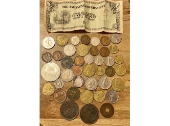 Collection Of Antique & Vintage Foreign Coins, China Honan 20 Cash, Bon Pour Franc, Israel, Canada, Mexico