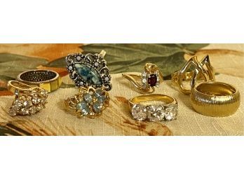 (8) Assorted Ladies Gold Tone And 18K GF Rings, (1) Lindenwold Co, 18K GE, Sizes 5 - 6.5