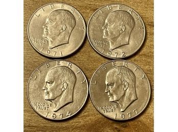 (4) Eisenhower Silver Dollar Coins, 40 Percent Silver, 1971, 1972, 1974, 1977