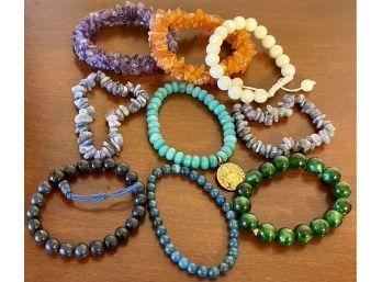 Collection Of Stone Bead Bracelets Assorted Colors, Amethyst, Carnelian, St Jacques & More