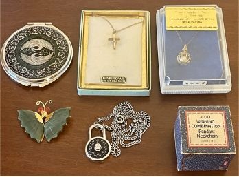 Avon Winning Combination Locket In Original Box, Jade Butterfly Pin, (2) Boxed Necklaces & One MOP Mirror
