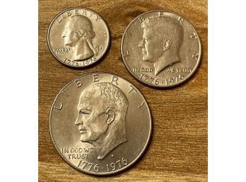 (3) Bicentennial Coins, Eisenhower Silver Dollar, Kennedy  Half Dollar And Quarter Set 1776 - 1976, 40 Silver