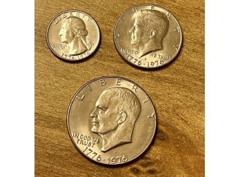 (3) Bicentennial Coins, Eisenhower Silver Dollar, Kennedy  Half Dollar And Quarter Set 1776 - 1976, 40 Silver