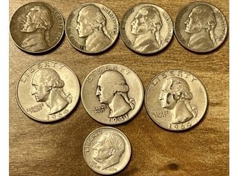 Lot Of US Coins (3) Silver Quarters, 1941, (2) 1964, Silver Dime 1964, (3) 1943 Nickels, (1) 1946 Nickel