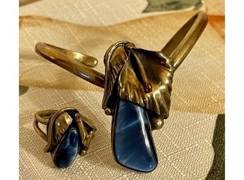 Vintage Navajo Blue Tiger's Eye Brass Cuff Bracelet And Ring Size 5.75