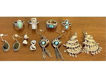 Southwest Sterling Silver, Turquoise, Abalone And Onyx Jewelry, Rings And Earrings, Rings Size 5-6