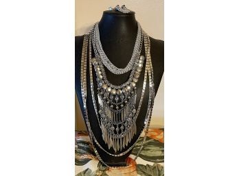 (3) Stunning Statement Silver Tone Necklaces, J Lo 3 Strand Silver, Multi Layer Dangle & Sarah Coventry