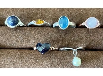 (6) Vintage Sterling SIlver 925 And Stone Rings, Faux Pearl (size 9) Amber, Pink Quartz & More Size 6-7