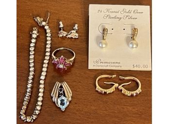 Sterling Silver Jewelry, Ruby And Sterling Ring, CZ Tennis Bracelet, 24K Gold Over Sterling Earrings & More