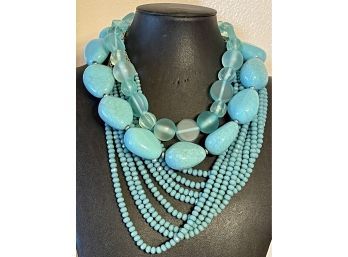 (3) Vintage Blue Bead And Chunky Bead Necklaces (1) Multi Strand, Chunky Bead By Chaps