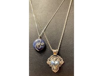 (2) Sterling Silver Necklaces (1) Grey Shell Necklace & (1) Purple Stone  Modernist Pendant W Box Chain