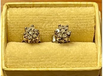 14K Gold & Diamond Post Earrings, 14 Prong Set Diamonds, .13 Ct Diamonds ,total Weight Of Earrings .66 Grams