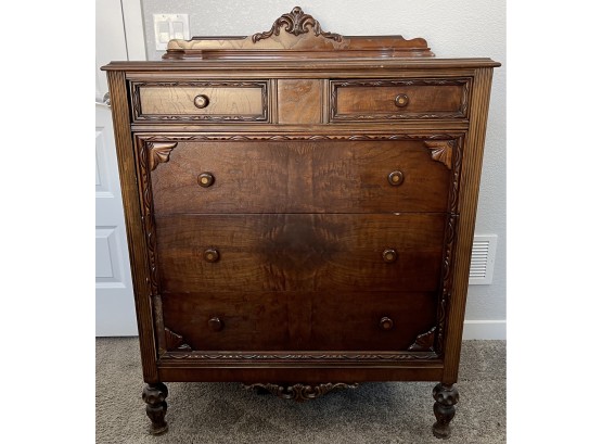 Antique Wood And Veneer Hand Carved 5 Drawer Dresser