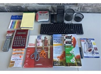Assorted Office Lot Including Key Board, Organizers, Paper, Letter Opener, Pens, Tape, And More