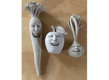 (3) Pottery Vegetable Face Wall Hangings - One Signed Carruth 2006