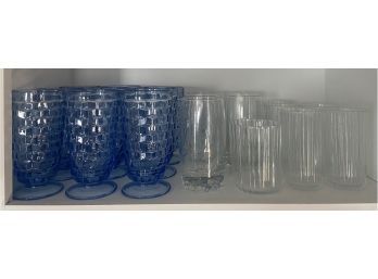 (9) Blue Diamond Patter Footed Drinking Glasses With (6) Italy Ribbed And (5) Clear Glass Glasses