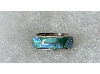 Martinez Sterling Silver Fire Opal And Green Stone Band Ring Size 7 - 6.1 Grams