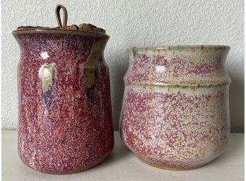 (2) Handmade Signed Pottery Vases (1) With Cork Lid Signed Annalise Domhoff