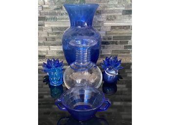 Collection Of Cobalt Blue Art Glass Including Hand Blown Bohemian Wrapped Vase, Signed Art Glass Vase, & More