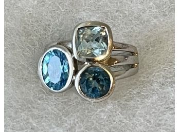 Sterling Silver 925 Three Stone Blue Topaz Ring Size 7 - Weighs 6.6 Grams