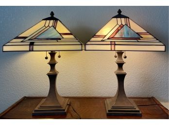 (2) Mission Style Metal Base Stained Glass Shade Lamps Double Bulb Double Pull