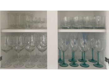 Large Collection Of Glassware Including Blue Twist Stem Wine Glasses, Aperitif Glasses, Low Balls, And More